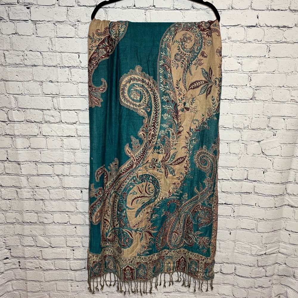 Bohemian Soft Silky Reversible Paisley Shawl Scarf With Fringe Blue Red Tan